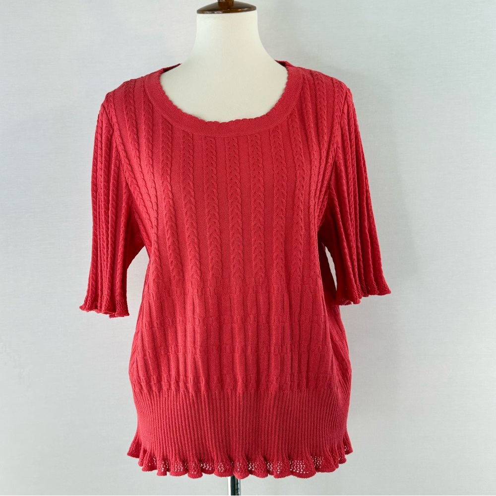St. John Collection Chic Warm Red Cable Knit Top with Scalloped Hem
